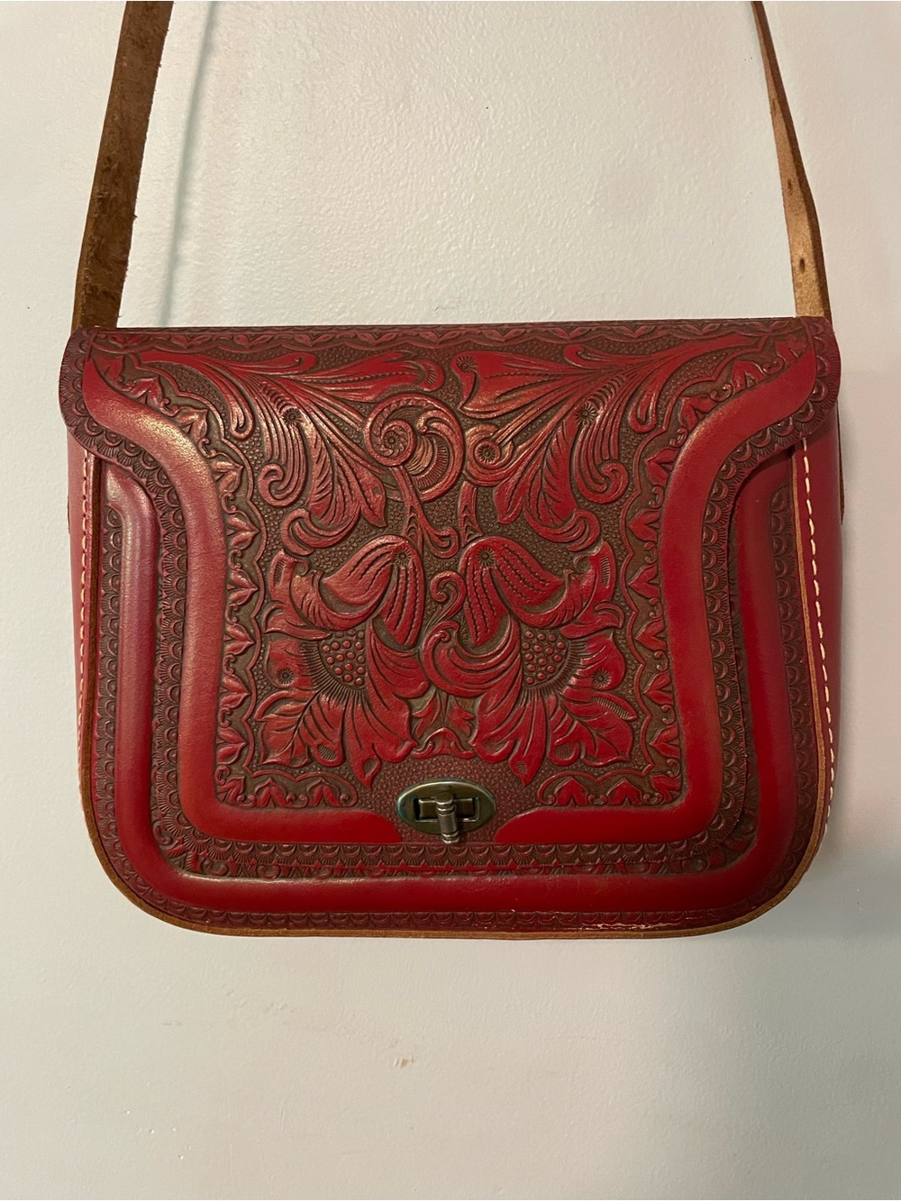 Vintage Hand-Tooled Red Leather Crossbody Bag One Of A Kind.